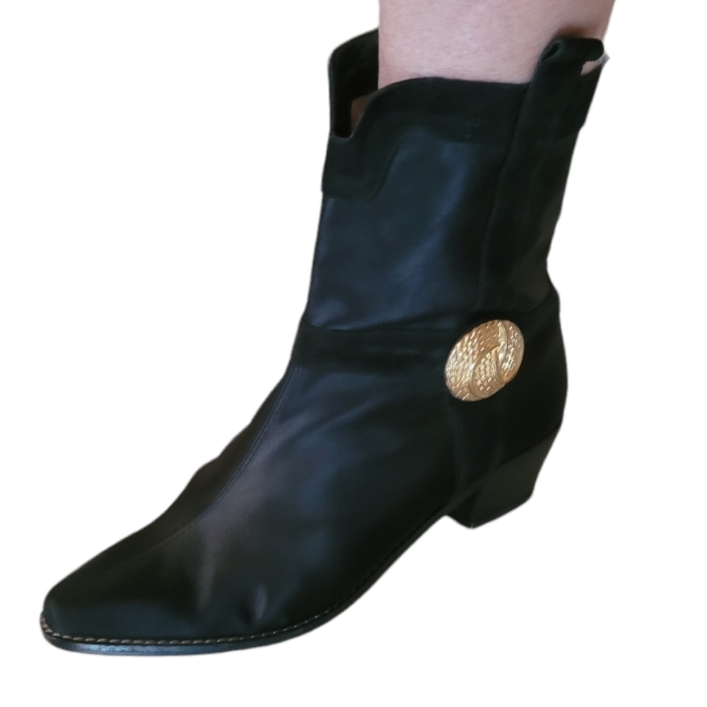 Vintage - Allure Black Nylon And Suede With Gold Button Accent Ankle Boots